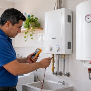 Técnico revisando una terma a gas y una terma eléctrica